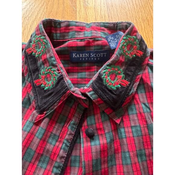 Vintage Karen Scott Petites Plaid Embroidered Shirt PS - Picture 2 of 6